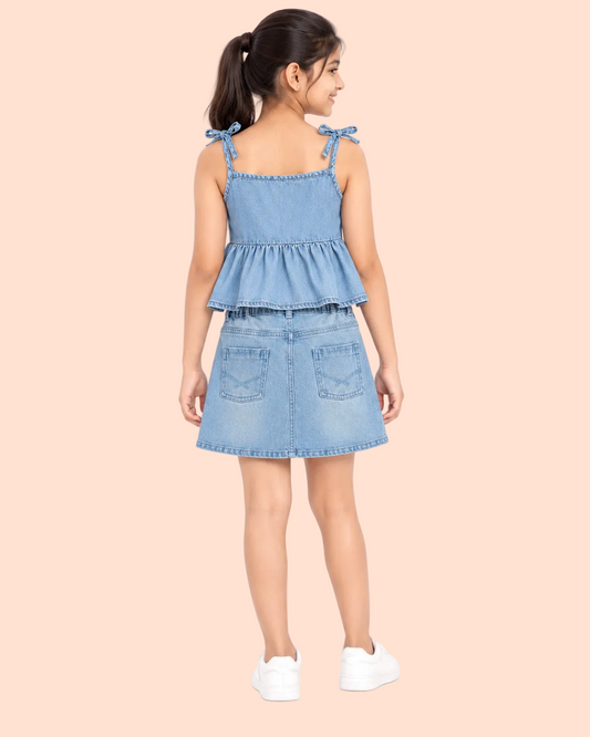 Knit N Knot Girls Ice Blue Denim Bow-Strap Tie Up Peplum Top & A-Line Full Front Open Skirt Co-ord Set