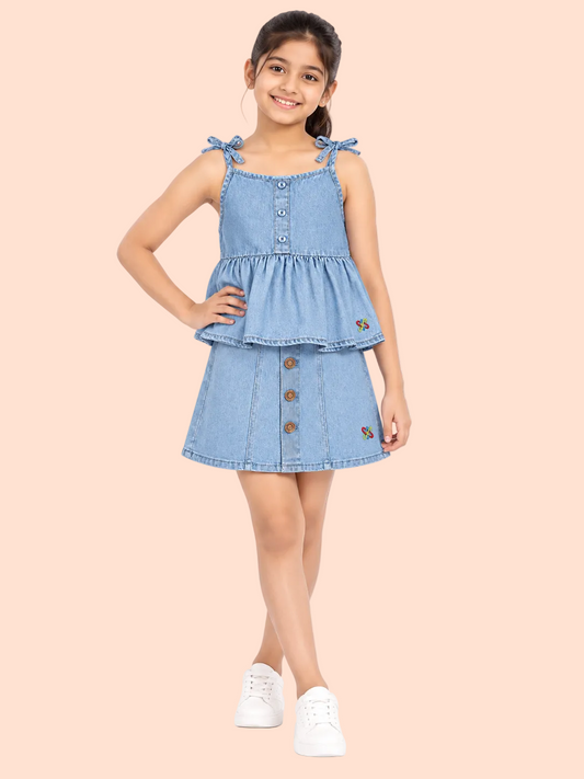 Knit N Knot Girls Ice Blue Denim Bow-Strap Tie Up Peplum Top & A-Line Full Front Open Skirt Co-ord Set