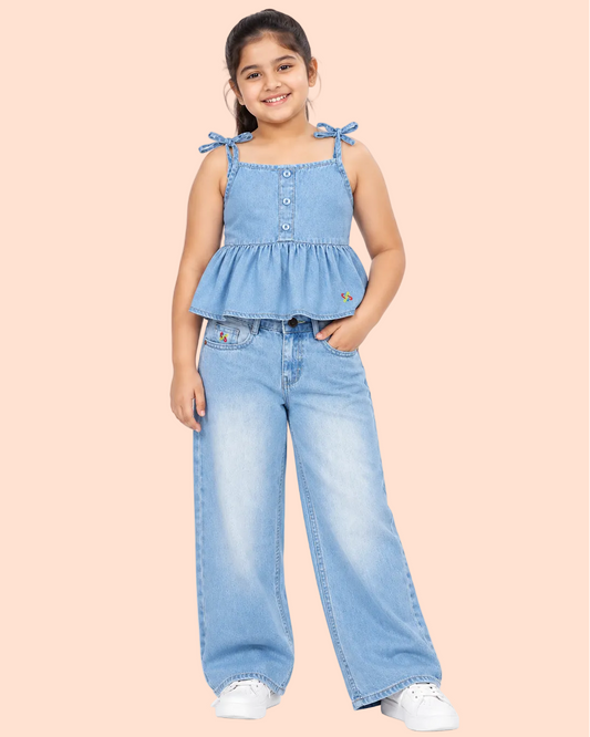 Knit N Knot Girls Ice Blue Denim Peplum Spagetti string Top & Wide Leg Jeans Co-ord Set