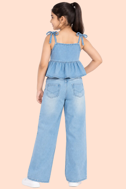 Knit N Knot Girls Ice Blue Denim Peplum Spagetti string Top & Wide Leg Jeans Co-ord Set