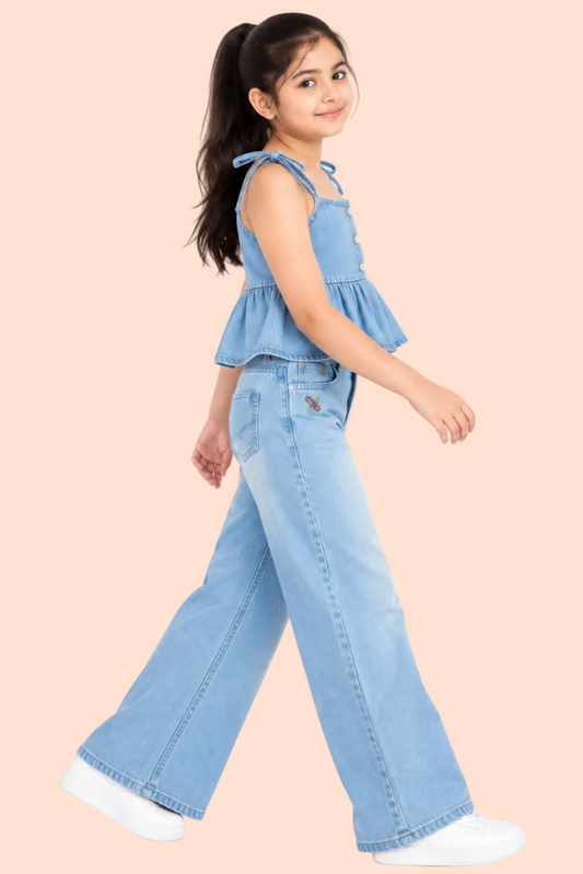 Knit N Knot Girls Ice Blue Denim Peplum Spagetti string Top & Wide Leg Jeans Co-ord Set