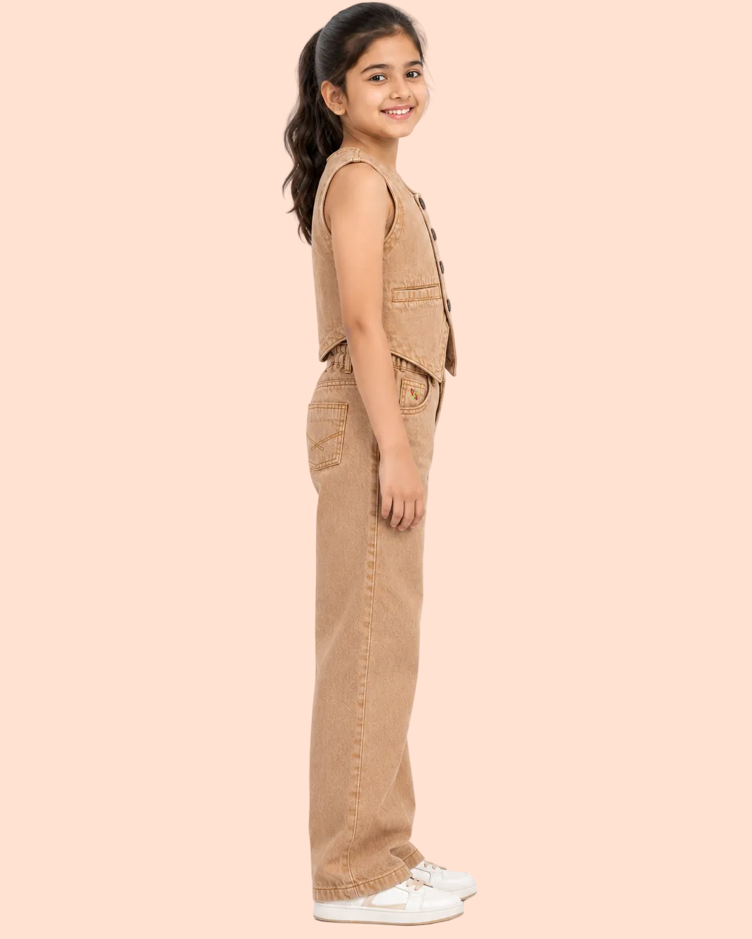 Knit N Knot Girls Vintage Dyed - Brown Denim Round Neck Waistcoat & Wide-Leg Jeans Co-ord Set
