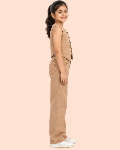 Knit N Knot Girls Vintage Dyed - Brown Denim Round Neck Waistcoat & Wide-Leg Jeans Co-ord Set