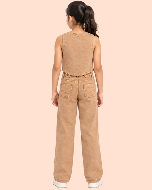 Knit N Knot Girls Vintage Dyed - Brown Denim Round Neck Waistcoat & Wide-Leg Jeans Co-ord Set