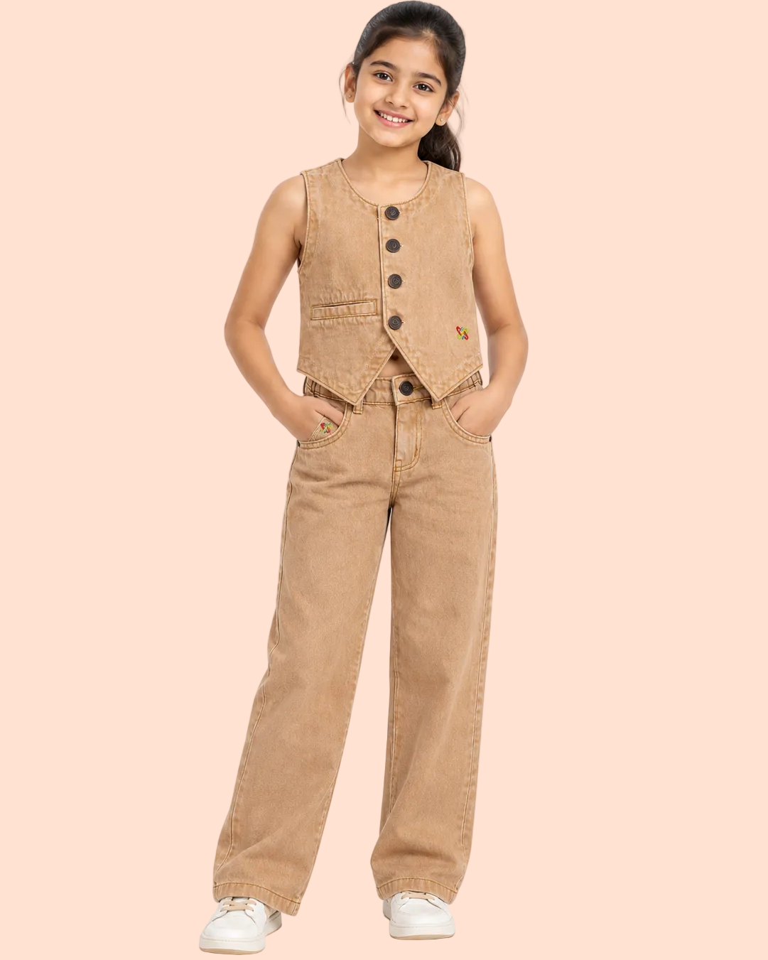 Knit N Knot Girls Vintage Dyed - Brown Denim Round Neck Waistcoat & Wide-Leg Jeans Co-ord Set