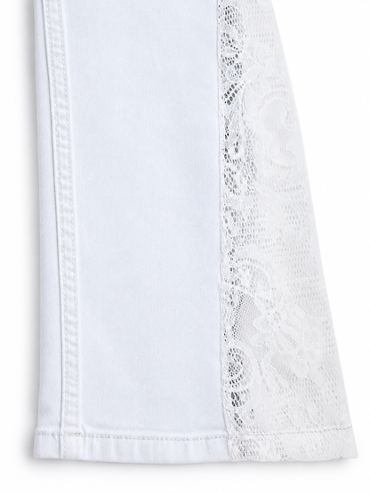 Knit N Knot Girls White Bell Bottom Jeans with Lace Panels | Flared Denim Jeans for Girls | Stylish Casual Low Waist Wide Leg Jeans for Kids