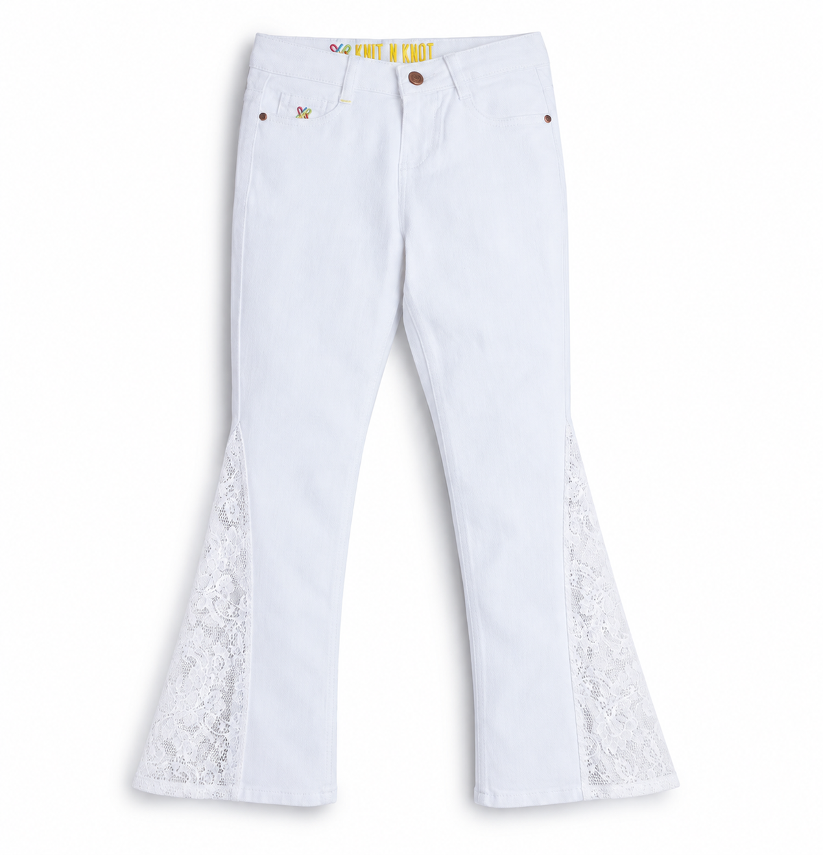 Knit N Knot Girls White Bell Bottom Jeans with Lace Panels | Flared Denim Jeans for Girls | Stylish Casual Low Waist Wide Leg Jeans for Kids