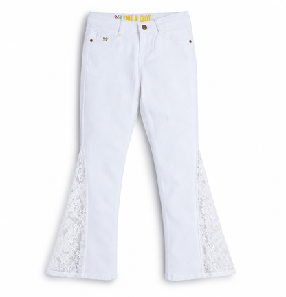 Knit N Knot Girls White Bell Bottom Jeans with Lace Panels | Flared Denim Jeans for Girls | Stylish Casual Low Waist Wide Leg Jeans for Kids