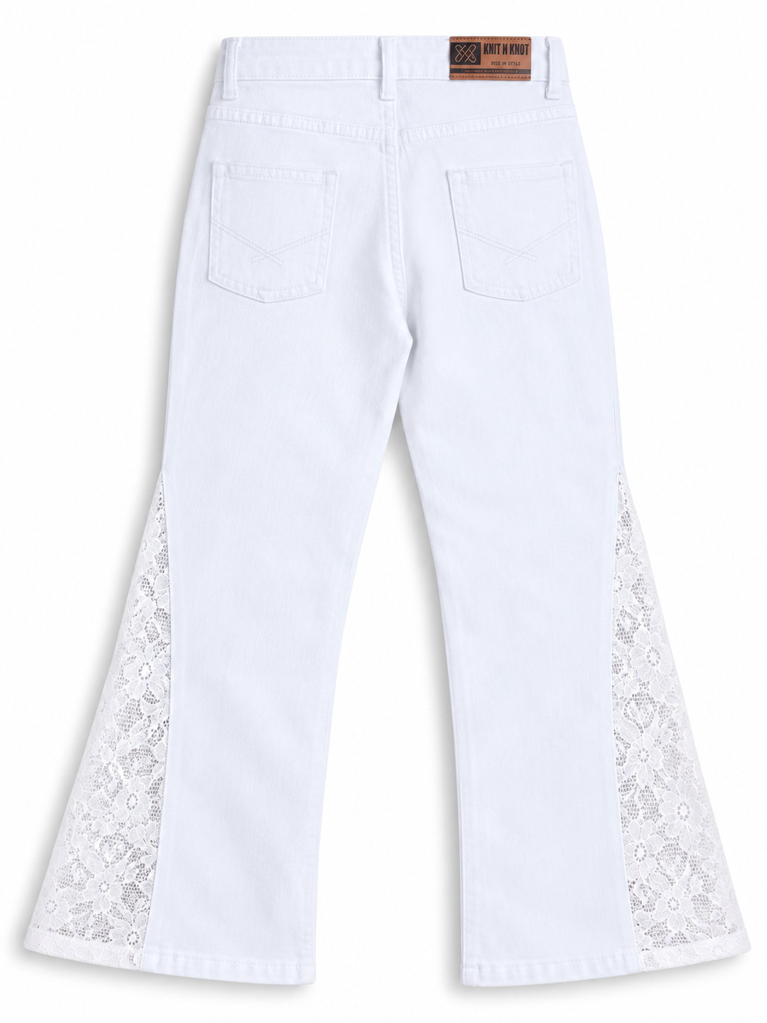 Knit N Knot Girls White Bell Bottom Jeans with Lace Panels | Flared Denim Jeans for Girls | Stylish Casual Low Waist Wide Leg Jeans for Kids