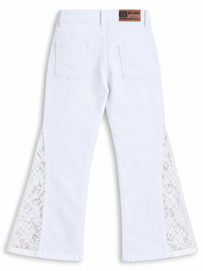 Knit N Knot Girls White Bell Bottom Jeans with Lace Panels | Flared Denim Jeans for Girls | Stylish Casual Low Waist Wide Leg Jeans for Kids