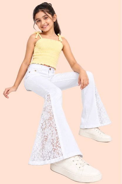 Knit N Knot Girls White Bell Bottom Jeans with Lace Panels | Flared Denim Jeans for Girls | Stylish Casual Low Waist Wide Leg Jeans for Kids