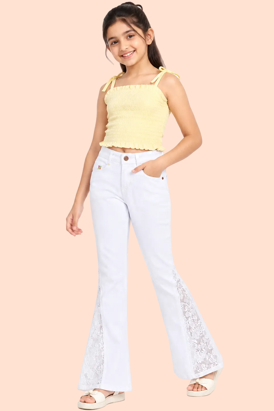 Knit N Knot Girls White Bell Bottom Jeans with Lace Panels | Flared Denim Jeans for Girls | Stylish Casual Low Waist Wide Leg Jeans for Kids