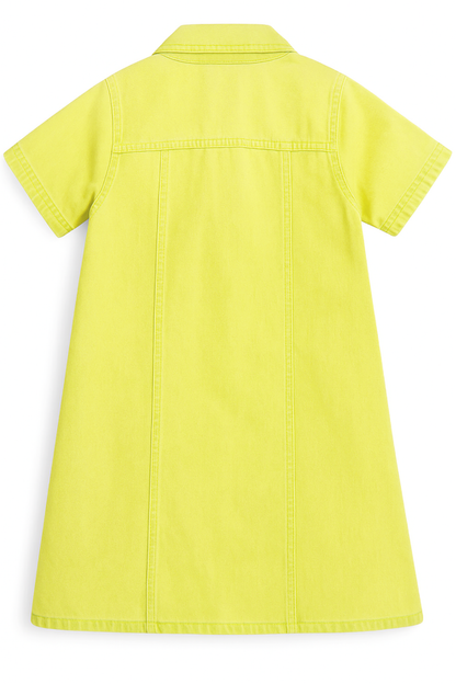 Knit N Knot Girls' Yellow Denim Shirt Dress with Front Buttons & Stitch Detailing – Cotton Dress for Girls