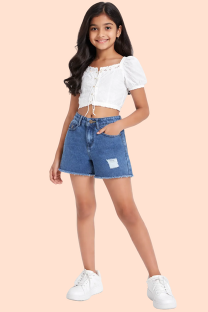 Knit N Knot Girls Blue Cloud Ripped High Waist Frayed Bottom Shorts