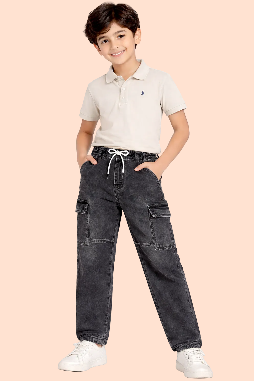 Knit N Knot Boys' 7 Pocket Black Faded Elasticated Waist Relaxed Fit Stretchable Cargo