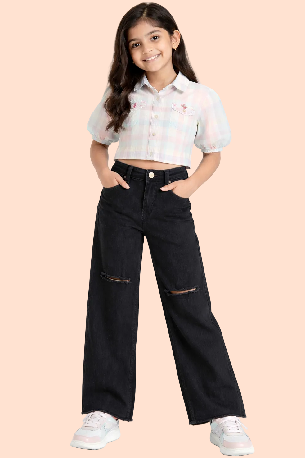 Knit N Knot Girls' Wide Flaring Fit High Waist Raw Black Ripped Jeans with Bottom Fringes