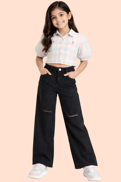 Knit N Knot Girls' Wide Flaring Fit High Waist Raw Black Ripped Jeans with Bottom Fringes