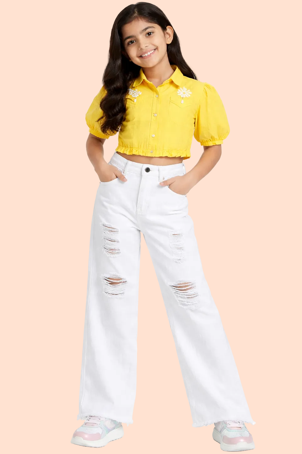 Knit N Knot Girls' Wide Flaring Fit High Waist White Ripped Jeans with Bottom Fringes