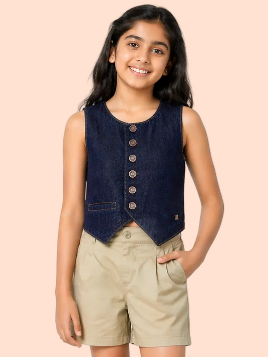Knit N Knot Girls' Indigo Cotton Denim Waistcoat Style Sleeveless Denim Top with Front Buttons
