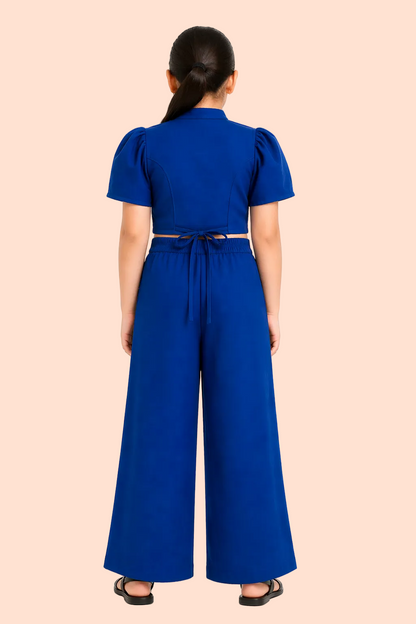 Knit N Knot Girls' Blue Viscose Crepe Co-Ord Set of Mandarin Collar Puff Sleeve Top & Wide Leg Palazzo (Copy) (Copy)