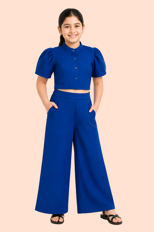 Knit N Knot Girls' Blue Viscose Crepe Co-Ord Set of Mandarin Collar Puff Sleeve Top & Wide Leg Palazzo (Copy) (Copy)