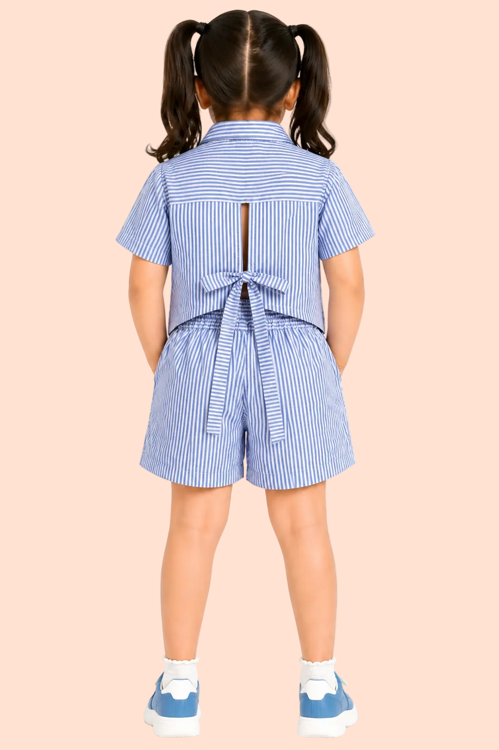 Knit N Knot Girls' Blue & White Striped Co-ord Set of Oxford Shirt Style Cotton Top with Shorts