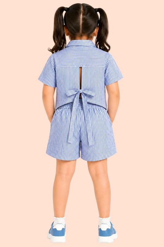 Knit N Knot Girls' Blue & White Striped Co-ord Set of Oxford Shirt Style Cotton Top with Shorts