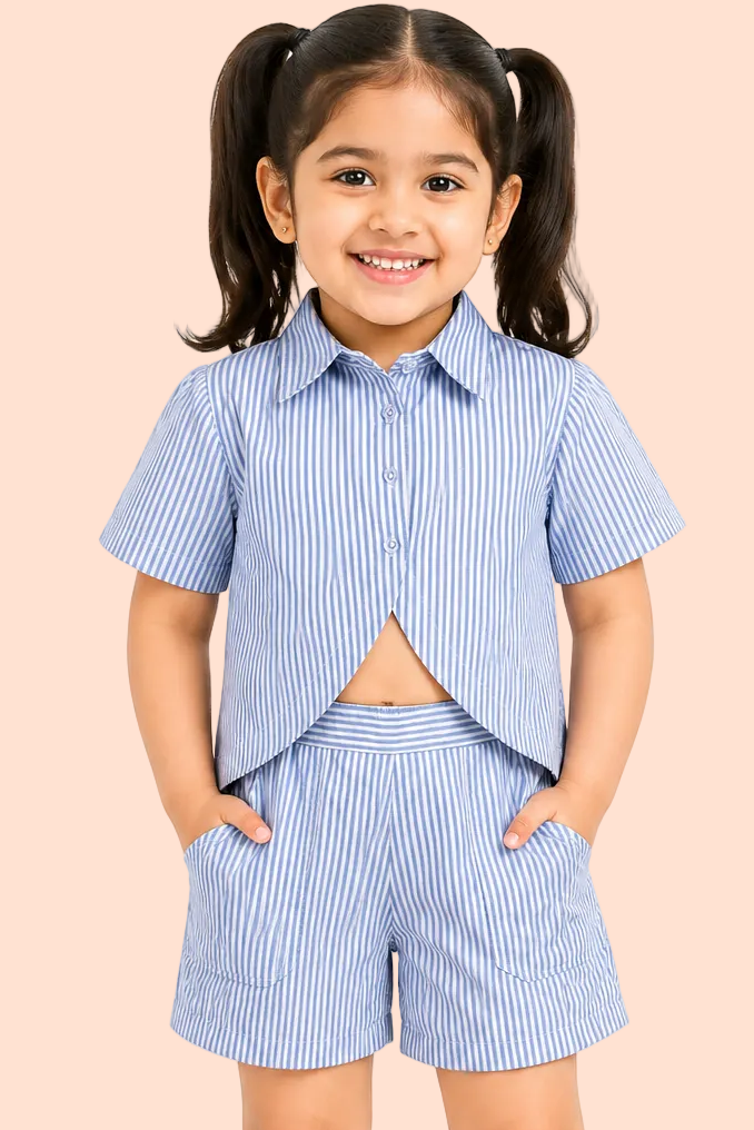 Knit N Knot Girls' Blue & White Striped Co-ord Set of Oxford Shirt Style Cotton Top with Shorts