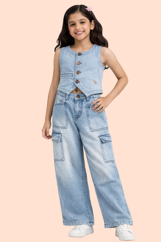 Knit N Knot Girls' Light Blue Faded Cotton Denim Co-Ord Set | Waistcoat Style Top with Cargo Jeans
