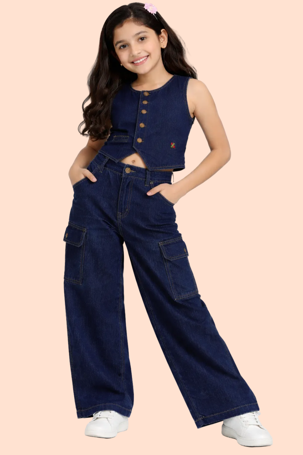 Knit N Knot Girls' Indigo Cotton Denim Co-Ord Set | Waistcoat Style Top with Cargo Jeans