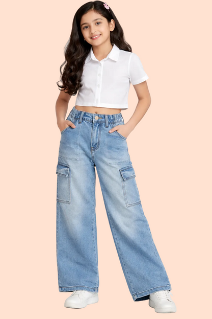 Knit N Knot Girls' Light Blue Elastic Waist Wide Flared Fit 7 Pockets Cotton Denim Cargo Jeans