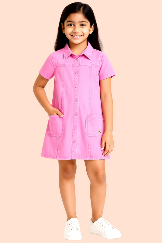 Knit N Knot Girls' Pink Denim Shirt Dress with Front Buttons & Stitch Detailing – Cotton Dress for Girls