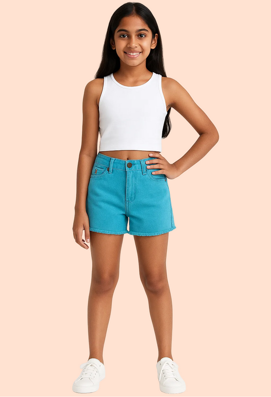 Knit N Knot Girls' Light Turquoise High Waist Denim Shorts with Frayed Bottom