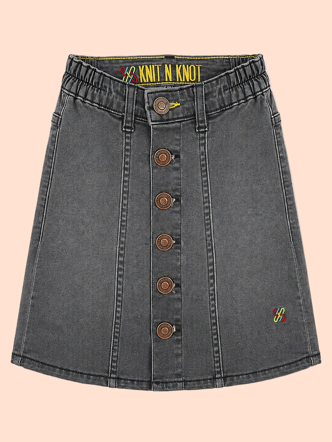 Knit N Knot Girls' Black Faded Denim Front Open Button-Down A-Line Skirt