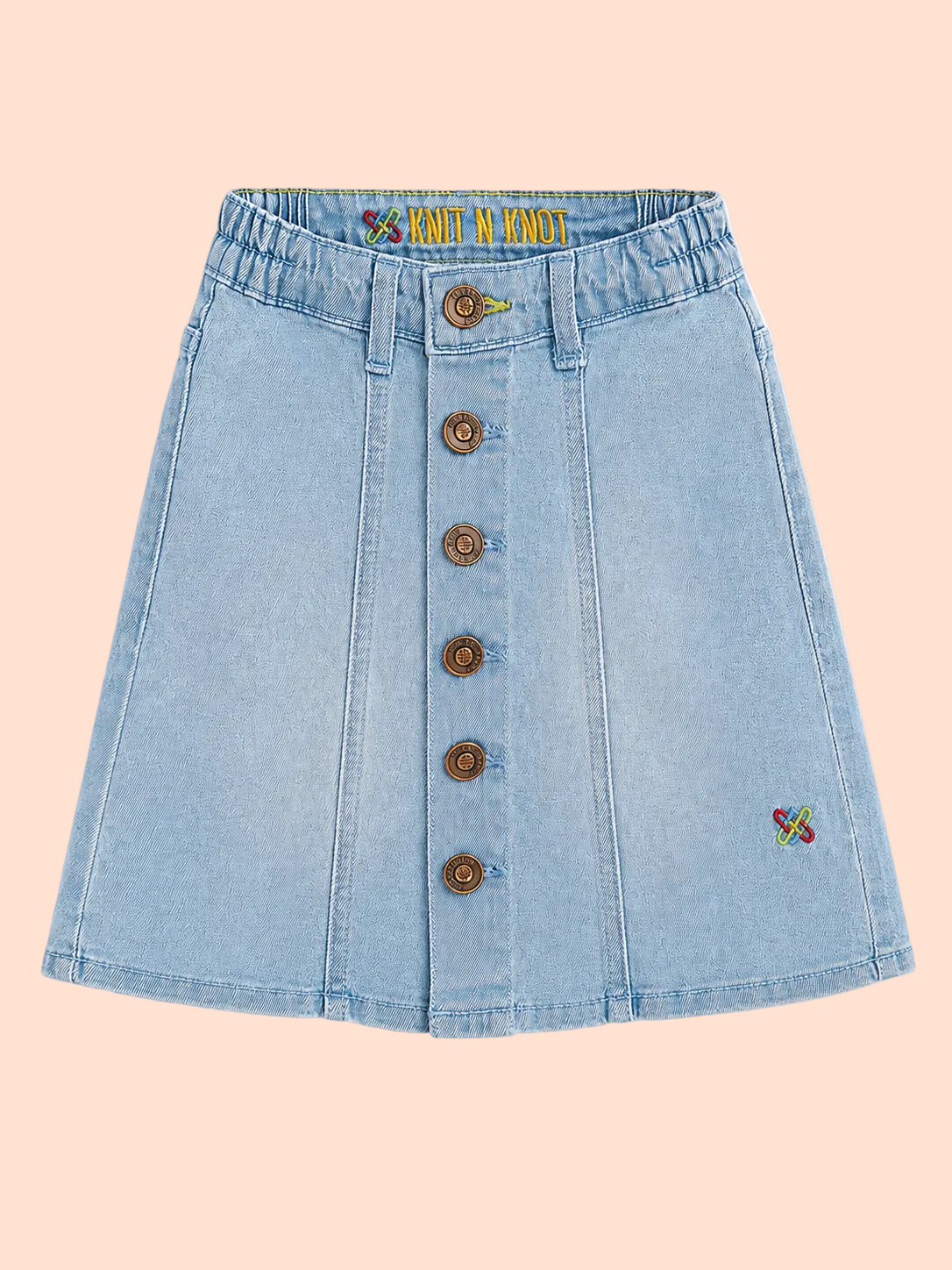 Knit N Knot Girls Ice Blue Denim A-Line Skirt High Waist Button Front Mini Skirt with Pockets | Above Knee Length | Casual Stylish Kidswear