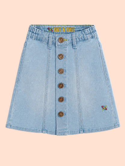 Knit N Knot Girls Ice Blue Denim A-Line Skirt High Waist Button Front Mini Skirt with Pockets | Above Knee Length | Casual Stylish Kidswear