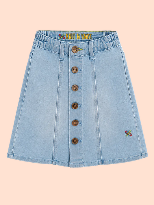 Knit N Knot Girls Ice Blue Denim A-Line Skirt High Waist Button Front Mini Skirt with Pockets | Above Knee Length | Casual Stylish Kidswear