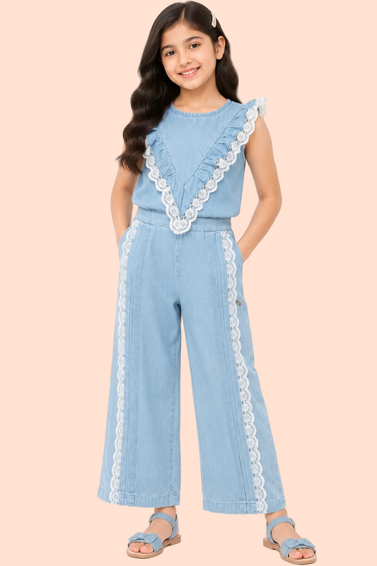 Knit N Knot Girls' Light Blue Denim Co-ord Set of Sleeveless V-Lace Top & Lace Embellished Wide Leg Palazzo