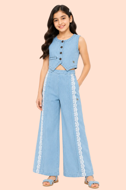 Knit N Knot Girls' Light Blue Cotton Denim Co-ord Set of Sleeveless Waistcoat Top with Lace Panel Wide Leg Palazzo