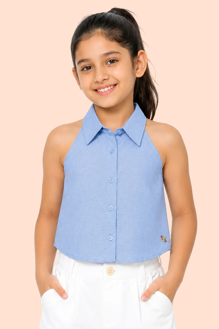 Knit N Knot Girls' Light Blue Denim Sleeveless Collared Top with Asymmetric Back
