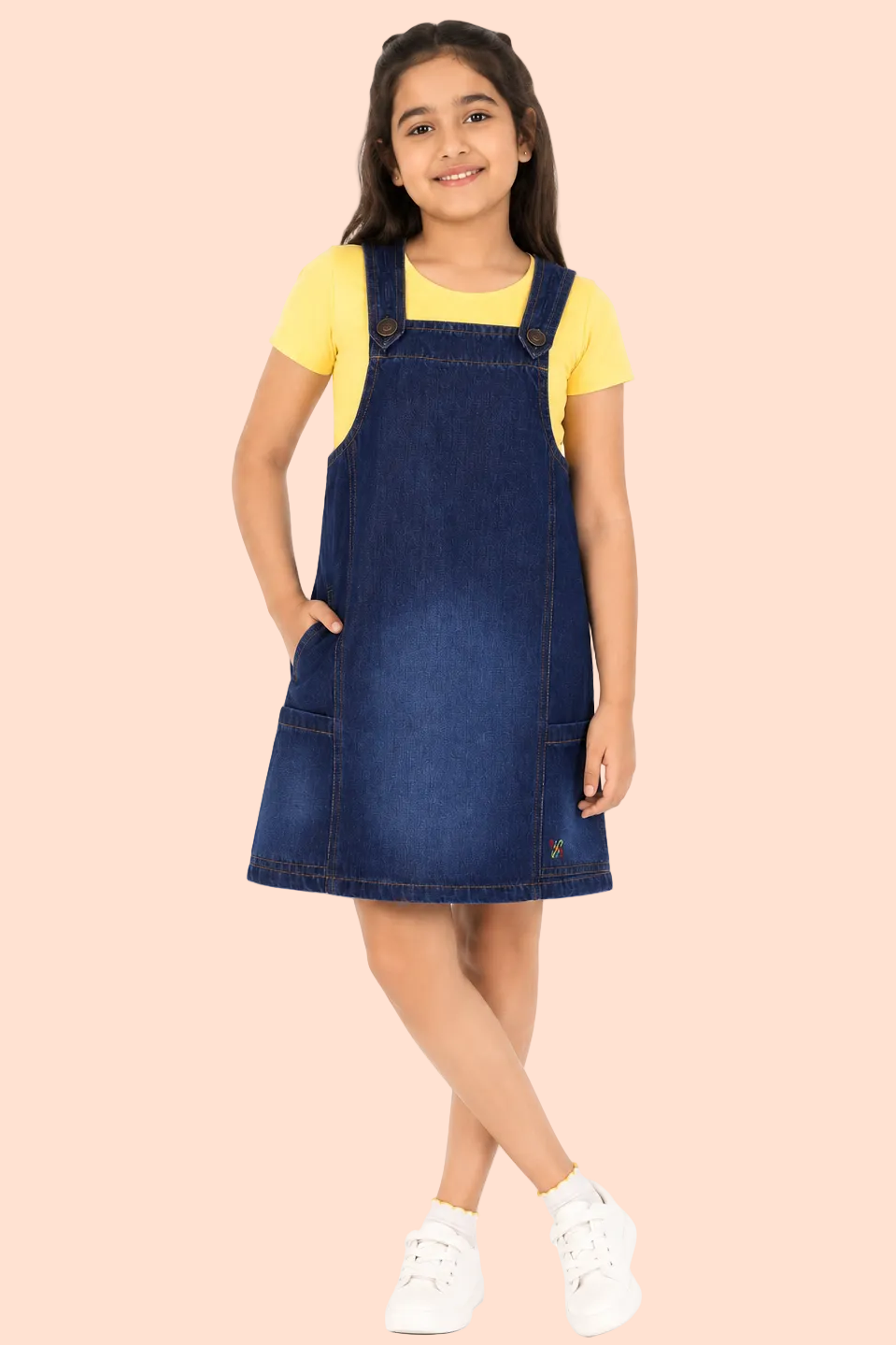 Knit N Knot Girls Premium Blue Denim Dungaree Dress | Adjustable Straps, Bib Pocket, Casual & Party | Soft Cotton-Rich Jeans Overall for Kids and Teenagers