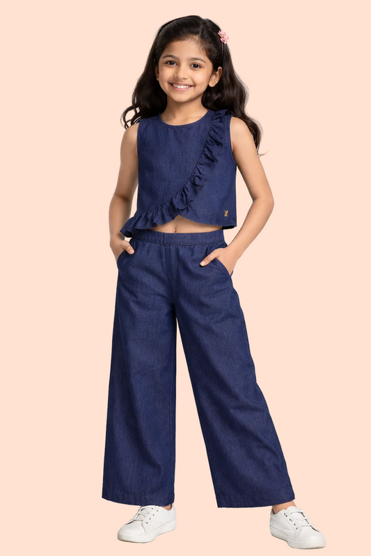 Knit N Knot Girls' Indigo Denim Co-ord Set with Ruffled Top & Palazzo