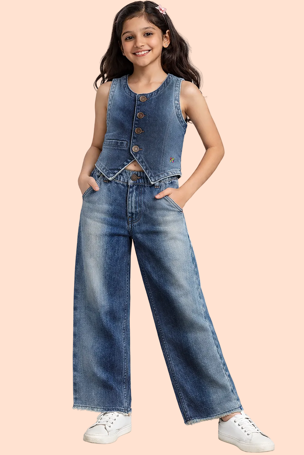 Knit N Knot Girls' Blue Faded Denim Co-ord Set | Waistcoat Style Top with High Waist Wide Flaring Fit Jeans | Cotton Denim Co-Ord Set for Girls
