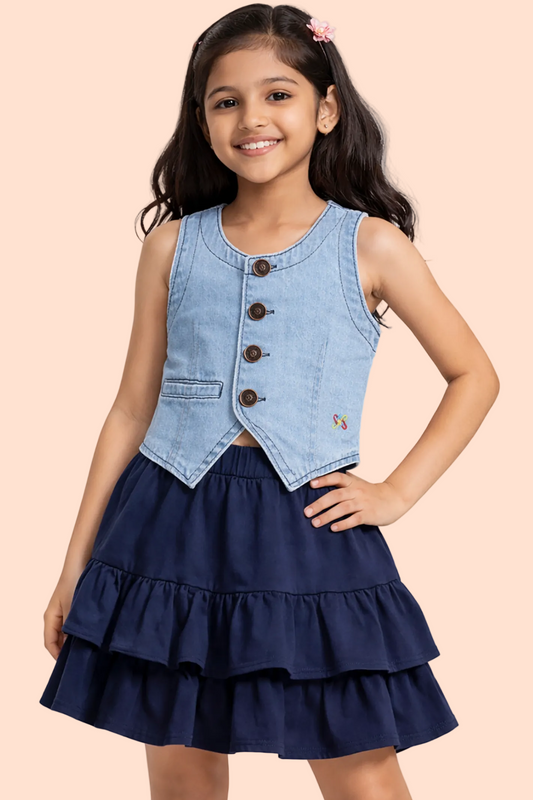 Knit N Knot Girls' Light Blue Cotton Denim Waistcoat Style Sleeveless Denim Top with Front Buttons