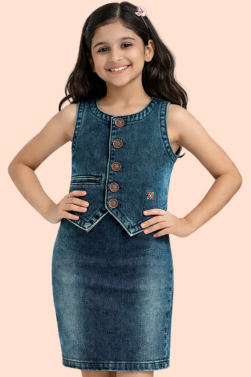 Knit N Knot Girls' Blue Faded Denim Waistcoat Top with Embellished Buttons & Pocket