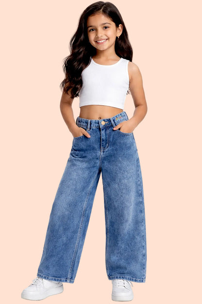 Knit N Knot Girls' Wide Flaring Fit High Waist Blue Mist Jeans