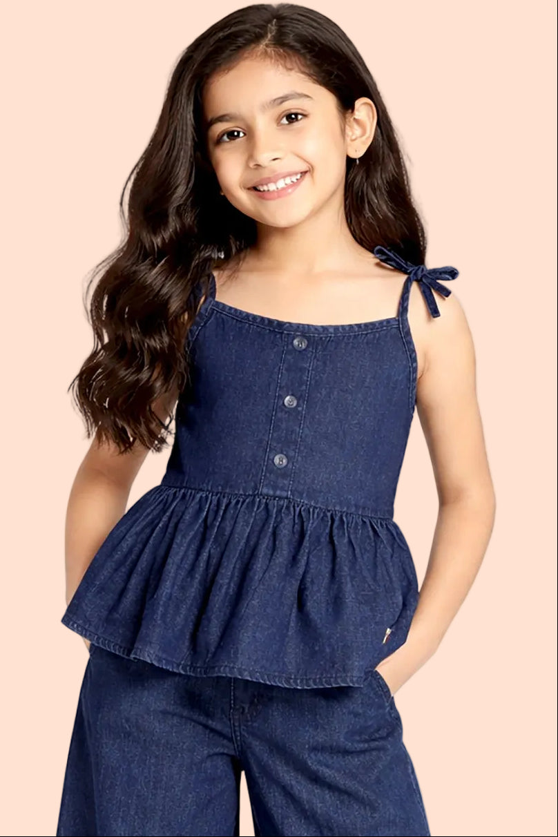 Knit N Knot Girls' Indigo Sleeveless Denim Top with Adjustable Tie-Straps & Frilled Hem