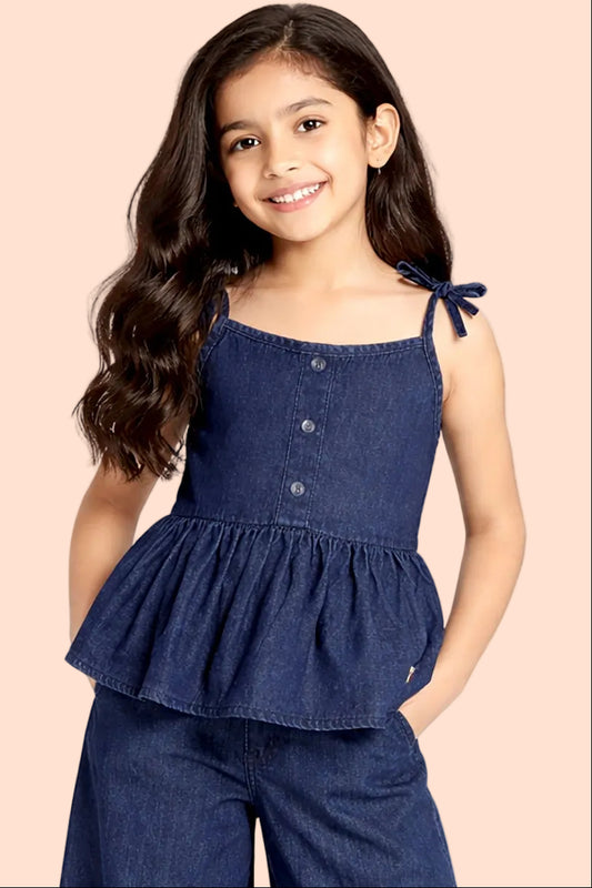 Knit N Knot Girls' Indigo Sleeveless Denim Top with Adjustable Tie-Straps & Frilled Hem