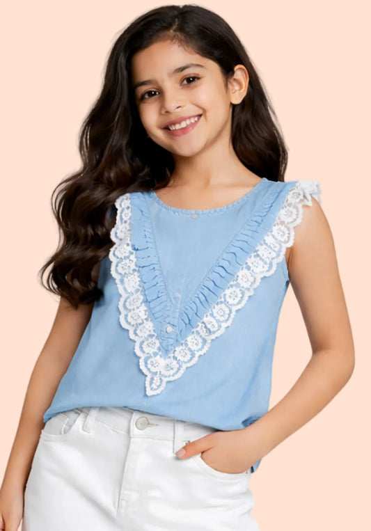 Knit N Knot Girls' Light Blue Sleeveless Denim Top with V-Shaped Ruffle & Lace
