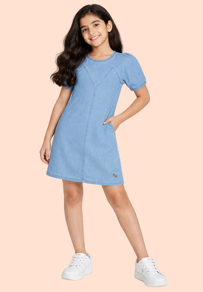 Knit N Knot Girls' Light Blue Denim Dress with Stylish Stitch and Puff Sleeves
